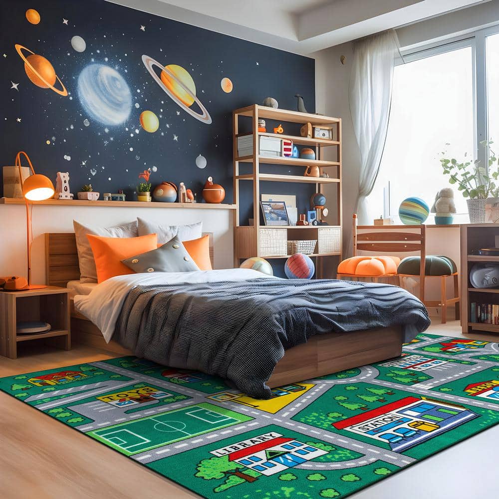 Green Educational Road Traffic Kids Playmat Area Rug 7'10" x 10'