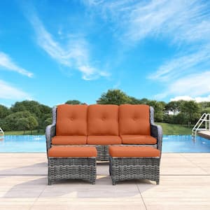 Wicker Outdoor Patio Sofa Sectional Set with Orange Cushions and Ottoman