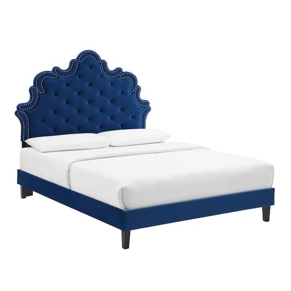 MODWAY Sasha Navy Blue Button-Tufted Performance Velvet Frame King Platform Bed