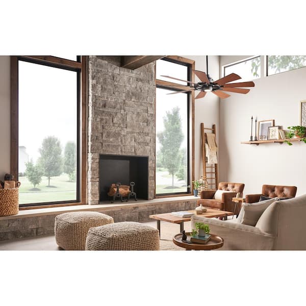 Gentry 65 in. Indoor Distressed Black Downrod Mount Ceiling Fan with Integrated LED with Wall Control Included
