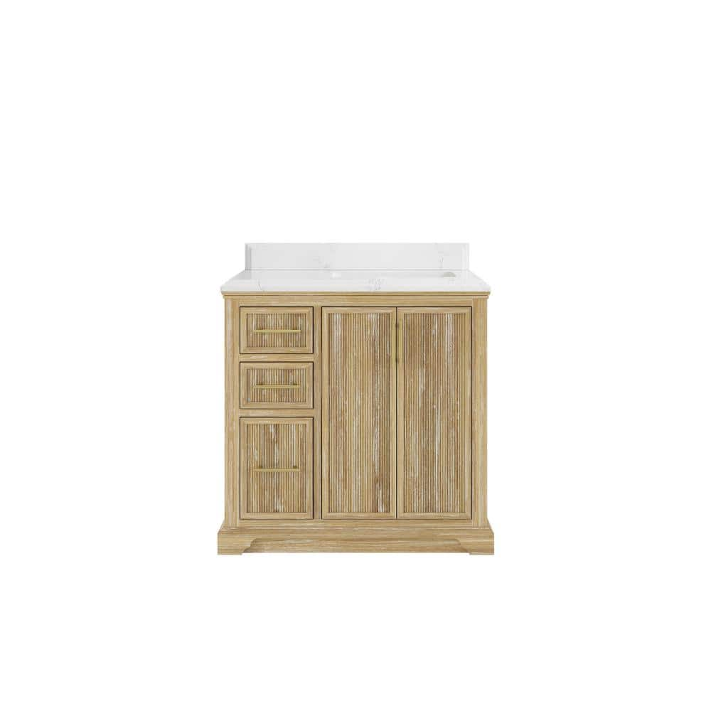 Willow Collections 36 x 22 Alys Solid Teak Right Offset Sink Bathroom Vanity with Quartz or Marble Countertop - 1.5Empira - Whitewashed