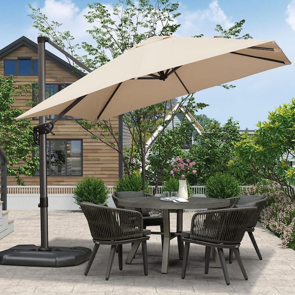 9 ft. Square Aluminum UV-Resistant Outdoor Cantilever Offset 360° Rotation Patio Umbrella with Base, Beige