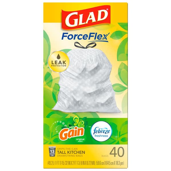 Glad ForceFlex 13 Gal. Tall Kitchen Drawstring Gain Original with Febreze  Freshness Trash Bags (40-Count, 2-Pack) C-205959531-2 - The Home Depot