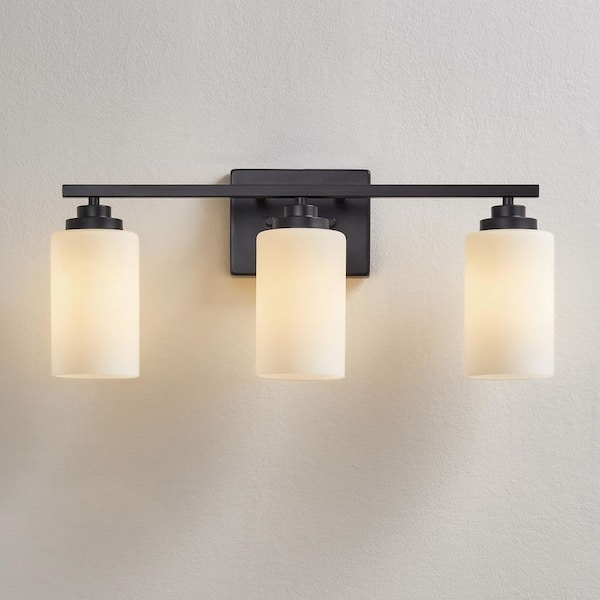 22 in. 3-Light Black Vanity Light with Frosted White Glass Shade