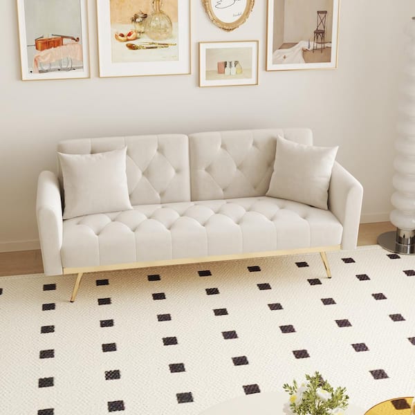 68.3 in.Beige Velvet Twin Size Sofa Bed with Two Pillows