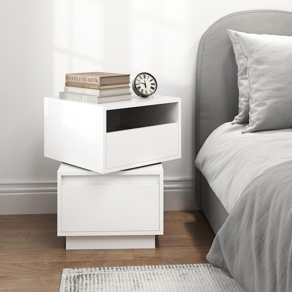 Angel Sar White 2-Drawer 15.74 in. Rotatable Nightstand End Table for Bedroom, Closet, Entryway and College Dorm
