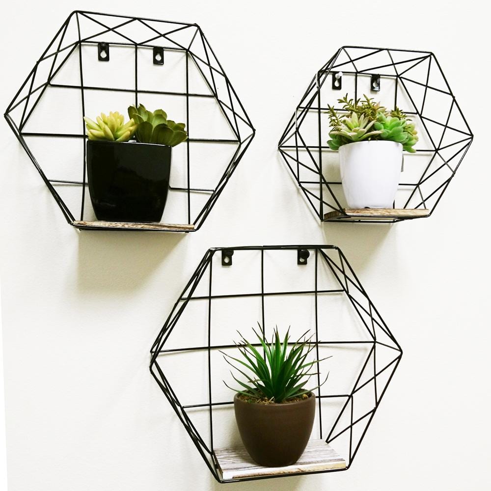 Matte Black Hexagon Wall-Mounted Metal Wire Hanging Storage Shelves (Set of