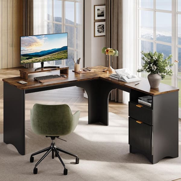 55 in. Black and Walnut L-Shaped Home Office Desk with Monitor Stand, File Drawer and Open Cubby Storage