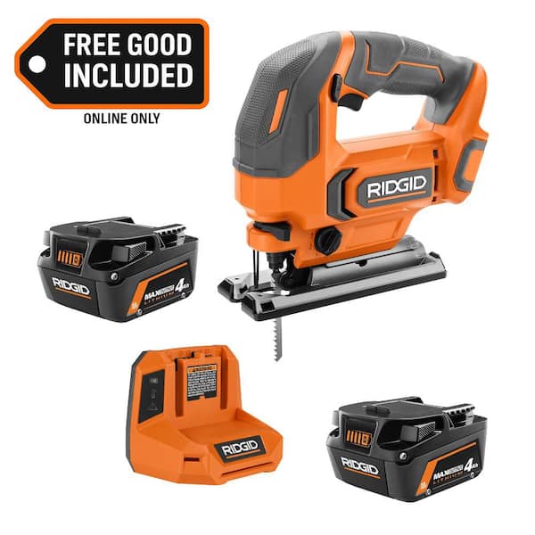 Home Depot: RIDGID 18V MAX Output Starter Kit w/ (2) 4.0 Ah Batteries & Charger w/ 18V Cordless Jig Saw (AC8609340SB-R86345B)