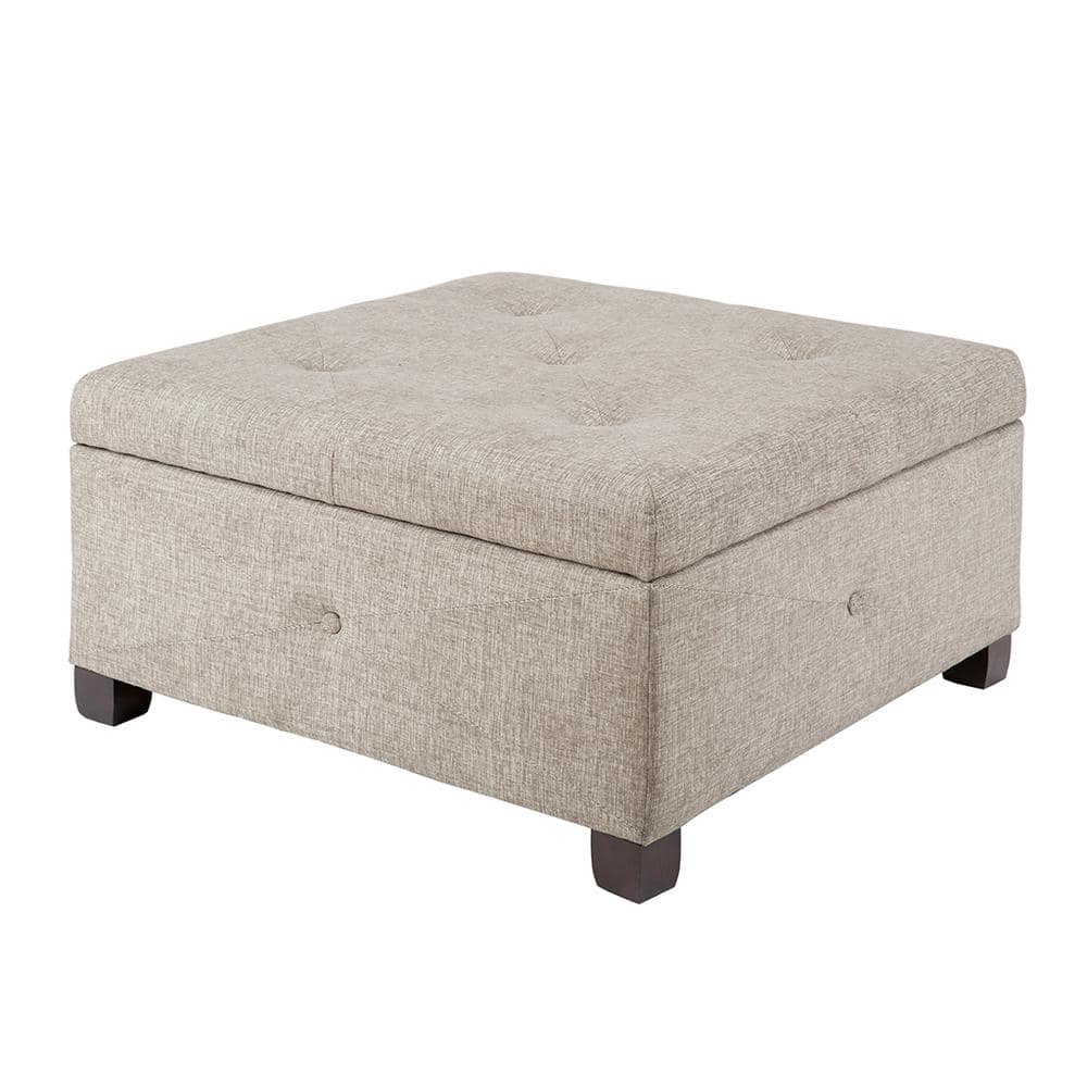 Beige Tufted Square Storage Ottoman with Graduated Legs