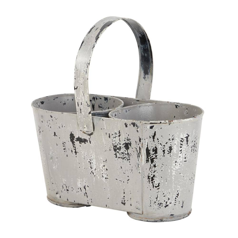 12" White Distressed Metal Double Planter with Handle