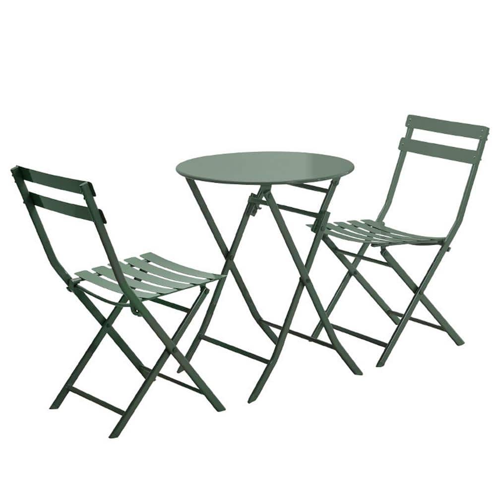 3 Piece Dark Green Metal Patio Outdoor Bistro Set of Foldable Round Table a