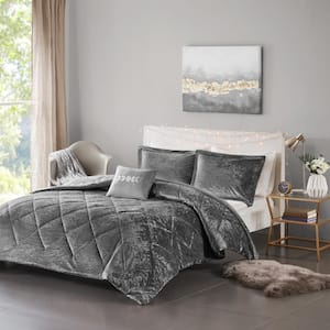 Isabel 4-Piece Grey Velvet Full/Queen Soft Velvet Lustrous Comforter Set with Throw Pillow