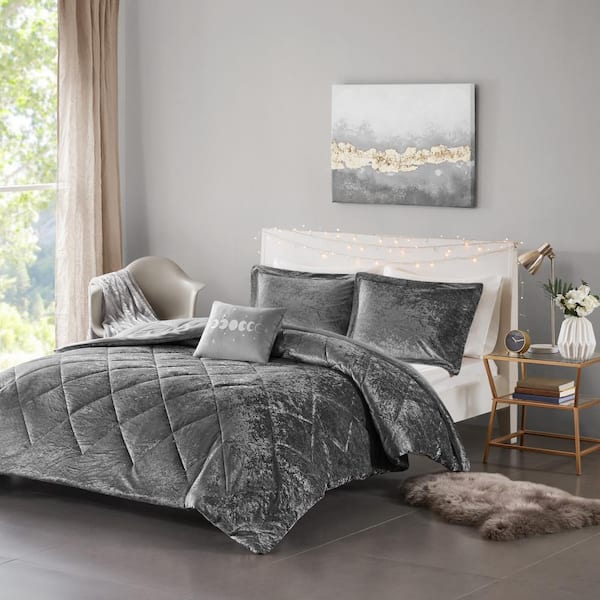Intelligent Design Isabel 4-Piece Grey Full/Queen Velvet Comforter Set  ID10-1792 - The Home Depot