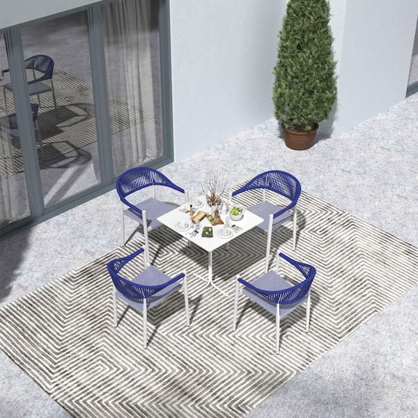 4-Pieces Blue Stackable Outdoor Hand-Woven Wicker Arm Dining Chair ，Bistro Chair, Aluminum Frame with PVC Cushion