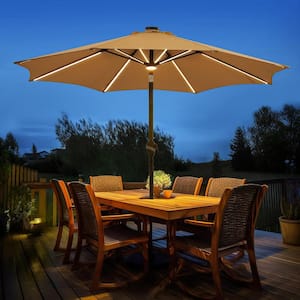 9 ft. Aluminum Frame Outdoor Solar Patio Umbrella LED Table Umbrellas with 16 LED Strip Lights and Hub Light in Beige