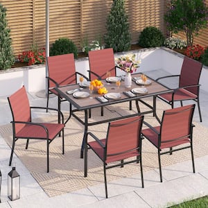 Black 7-Piece Metal Outdoor Patio Dining Set with Wood-Look Umbrella Table and Red Textilene Chairs