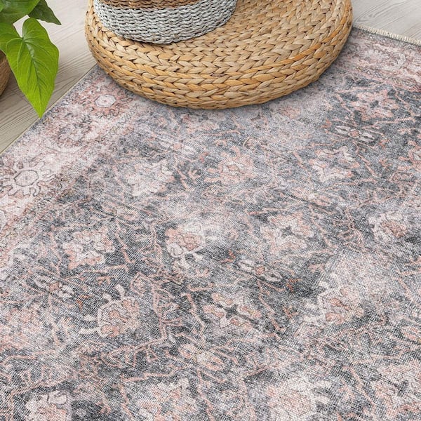 Vintage Inspired Bordered Machine Washable Charcoal 2 ft. 6 in. x 10 ft. Runner Rug