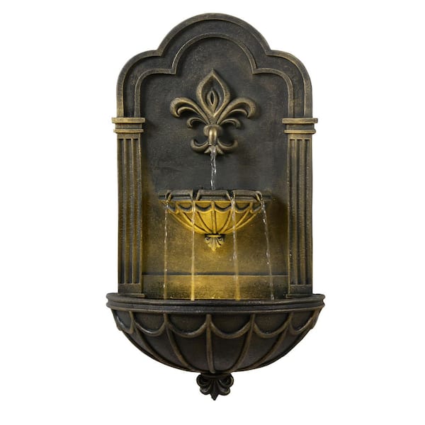 Fleur-de-lis Outdoor Cascade Water Fountain with Warm Glow Lighting, Adjustable Flow and Electric Pump, Black and Gold
