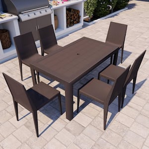 Mace Modern 7-Pcs Patio Dining Set with Stackable Plastic Dining Chairs and Rectangular Dining Table (Brown)