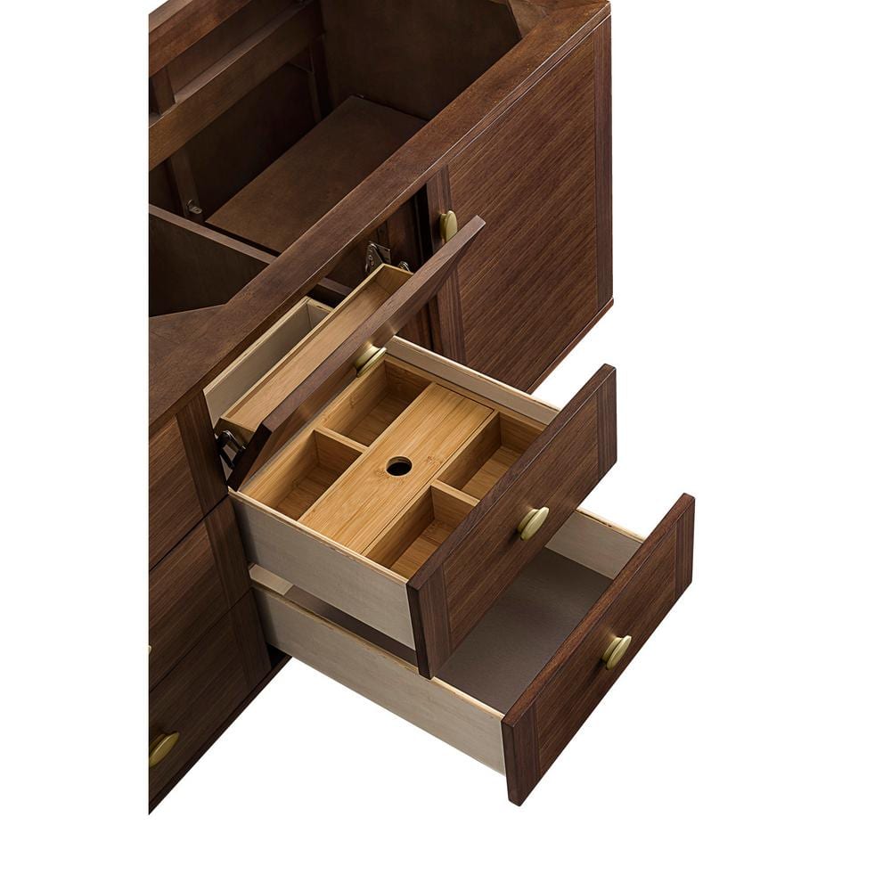 Amberly 72-Inch Walnut Double Vanity Base Cabinet with Brass Knobs