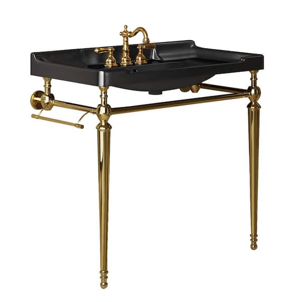 Stainless-Steel 36 in. Black Ceramic Single Bowl Console Sink and Gold Legs Combo with One Towel Bar and 3 Faucet Holes