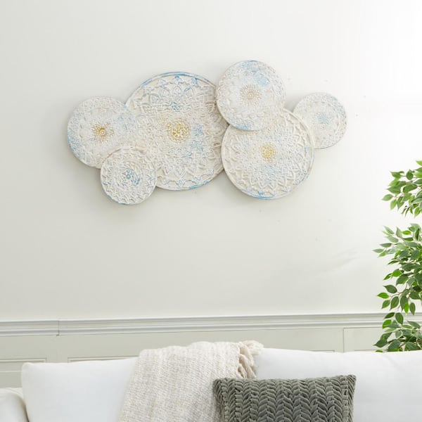 47 in. x 24 in. Wood White Intricately Carved Floral Wall Decor with Mandala Design