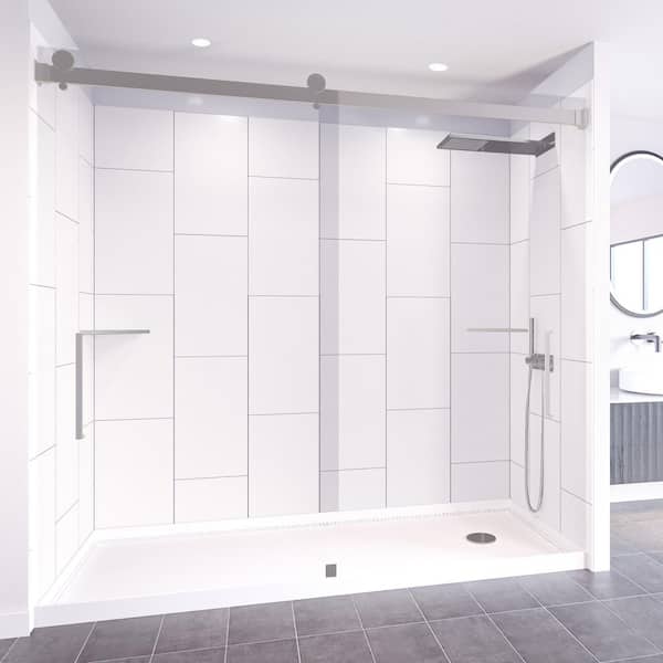 NuVo Winter White-Tetherow 60 in. x 36 in. x 83 in. Base/Wall/Door Rectangular Alcove Shower Stall/Kit Chrome Center