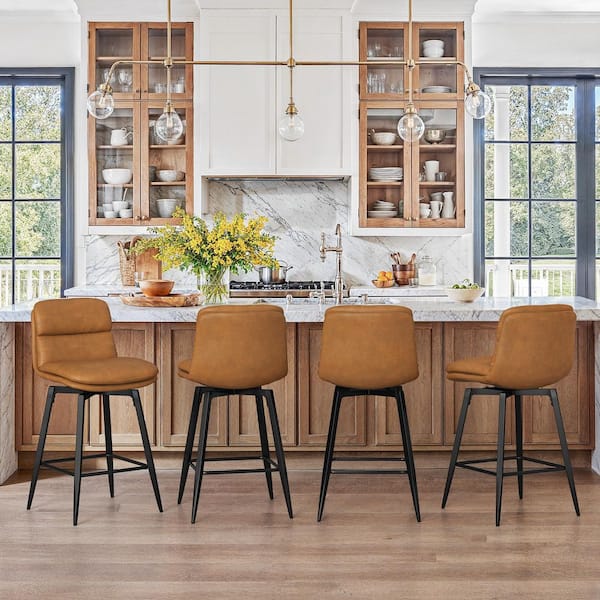 DAHLIAH 26 in. Light Brown Faux Leather Metal Frame Double-layer Cushioned Swivel Bar Stool With Footrest (Set Of 4)