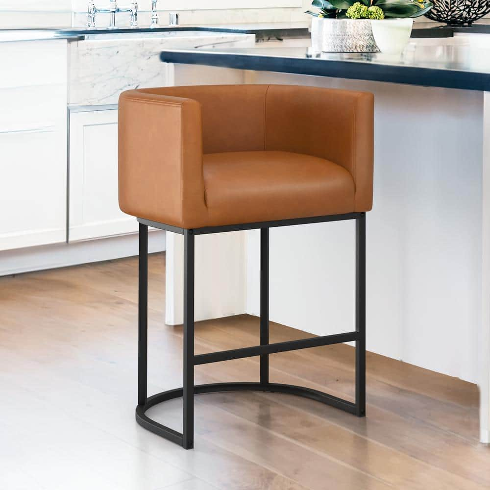 26 in. Brown and Black Low Back Bar Stool with Metal Frame Counter Height Faux Leather Counter Stool (Set of 1) -  LUE BONA, LB23CH0044-400