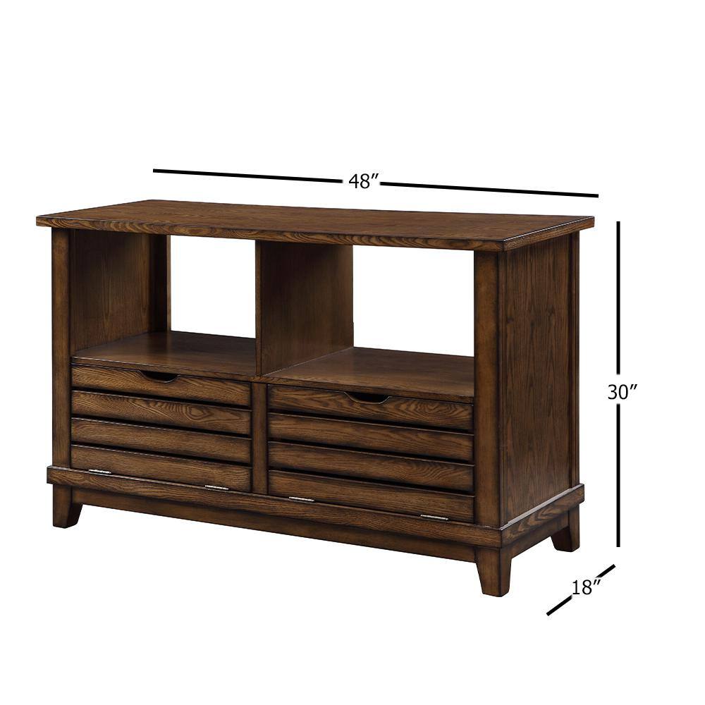 Brown Oak Slatted Front Sofa Table with Storage