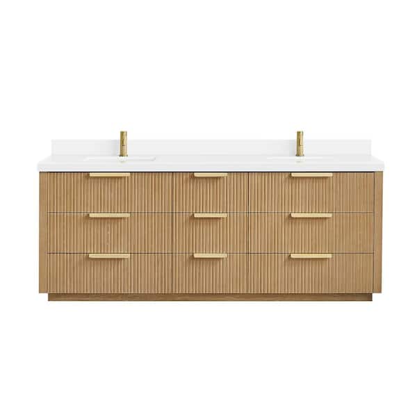 Santarem 84 in.W x 22 in.D x 34 in.H Double Sink Bath Vanity in Washed Ash Grey with Pure White Quartz Stone Top