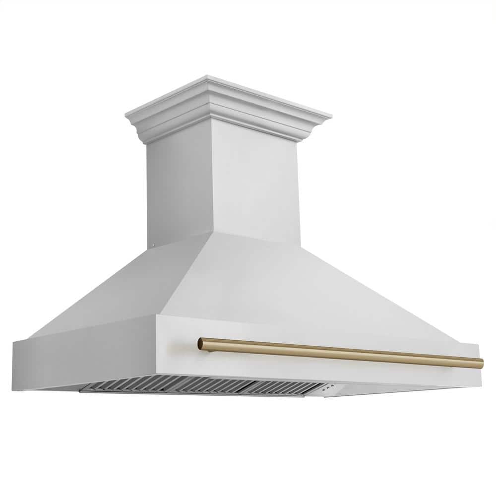 ZLINE Kitchen and Bath Autograph Edition 48 in. 700 CFM Ducted Vent Wall Mount Range Hood with Champagne Bronze Handle in Stainless Steel, Brushed 430 Stainless Steel & Champagne Bronze