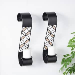 Black Metal Scroll Candle Sconce with Floral Patterns and Wood Accents (2-Pack)