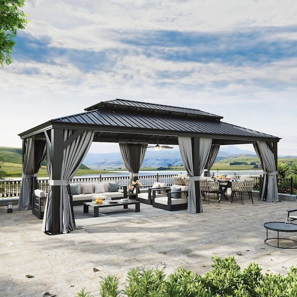 Sizzim 24 ft. x 12 ft. Outdoor Double Roof Hardtop Gazebo with Gutters, Aluminum Frame, Ceiling Hook, Netting and Curtains