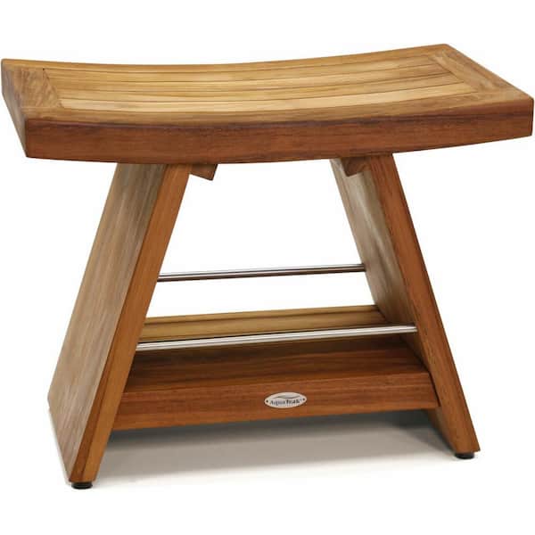 Patented 24 in. x 14 in. Asia Freestanding Teak and Stainless Shower Bench with Shelf