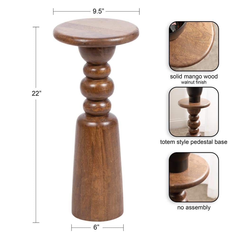 Walnut Brown Solid Mango Wood Round Accent Table, 22"