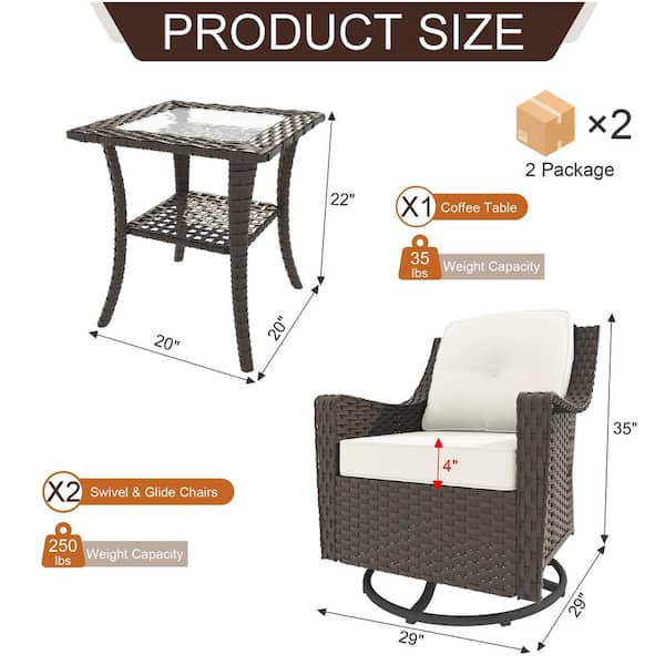 Swivel Wicker Outdoor Lounge Chair with Beige Cushions (3-Pack)