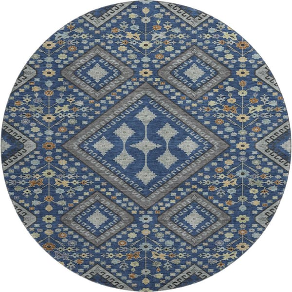 Mayfield Premium Machine Washable Abstract AMF2459 Navy 8 ft. x 8 ft. Round Rug