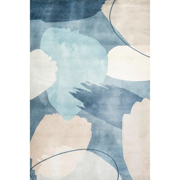 nuLOOM Sheree Abstract Watercolor Machine Washable Blue Doormat 3 ft. x 5 ft. Modern Accent Rug