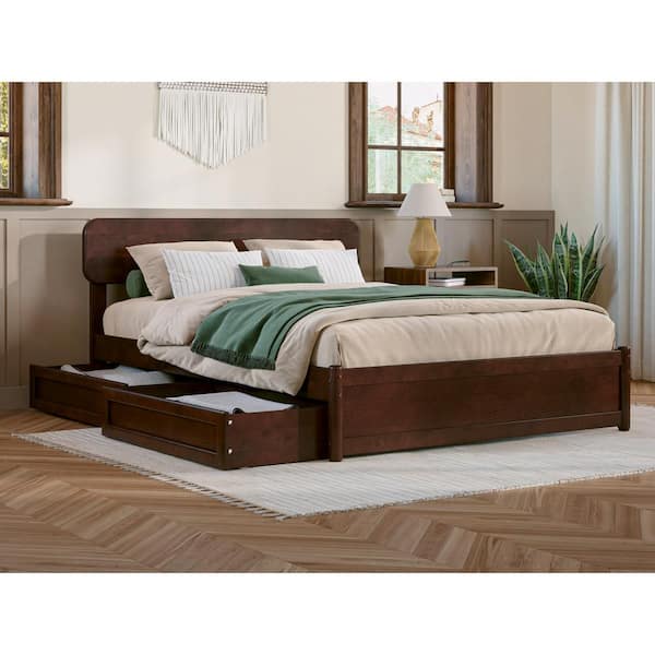 AFI Capri Walnut Brown Solid Wood Frame Full Platform Bed with Panel Footboard and Storage Drawers