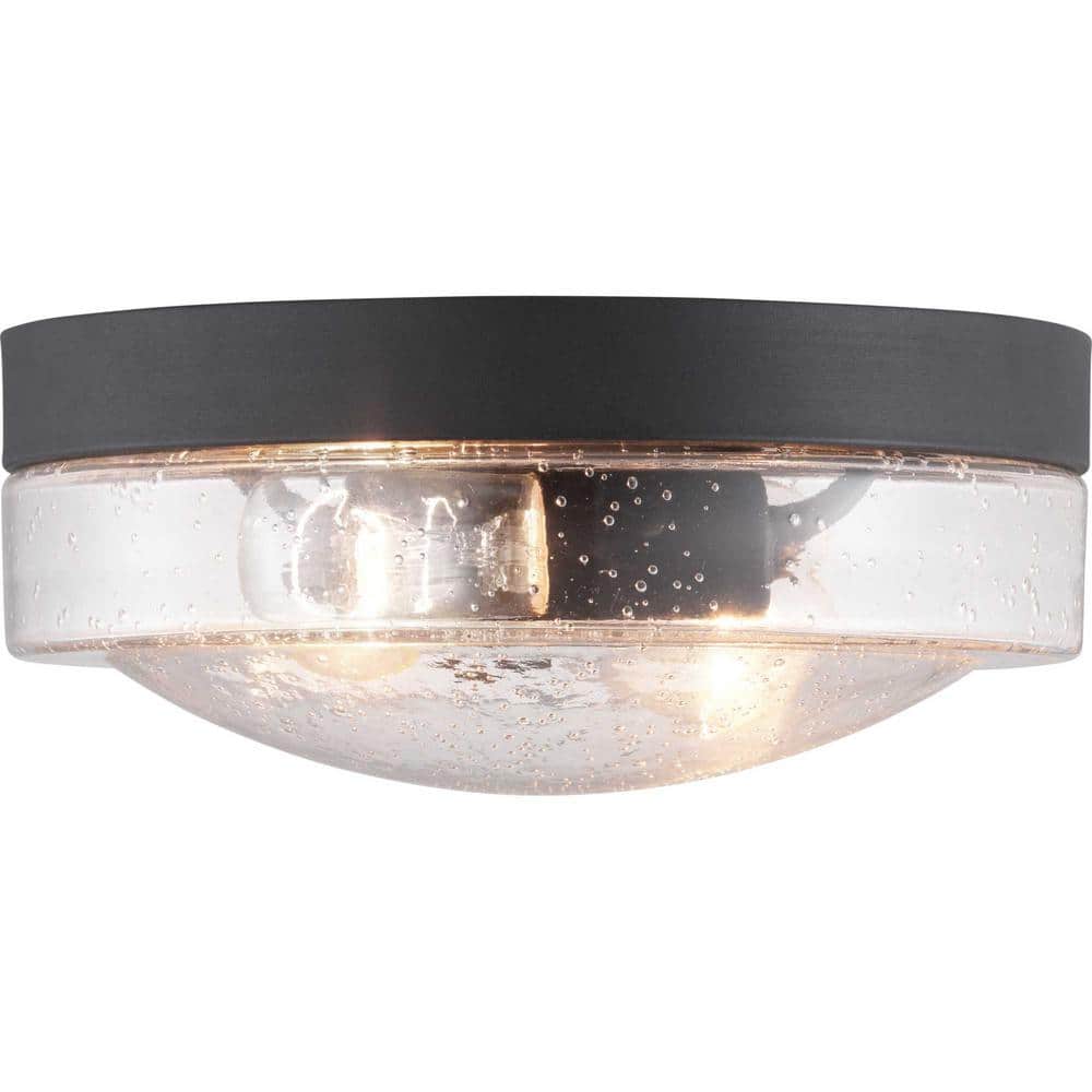 Lakelynn Medium Black Metal and Seeded Glass Flush Mount Light