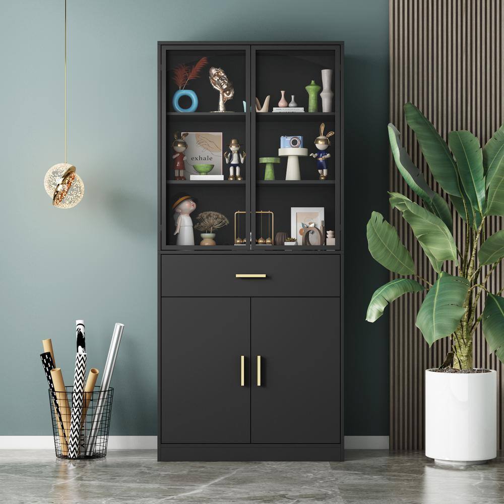 FUFU&GAGA Black Glass Doors Wood Storage Cabinet with Open Shelves ...