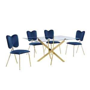 Olly 5-Piece Tempered Glass Top Gold Cross Legs Base Dining Set Navy Blue Velvet Fabric Chairs Set Seats 4