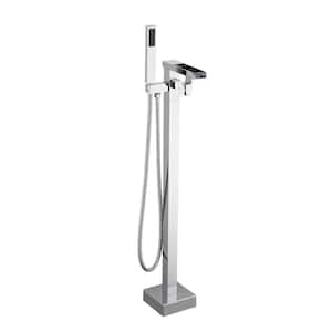 Single-Handle Freestanding Tub Faucet Floor Mount Waterfall Tub Filler with Handheld Shower in Chrome