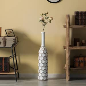 Decorative Contemporary Floor Vase White Carved Divot Bubble Design with Tall Neck, 33.5 in.