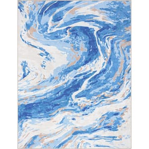 Blue 9 ft. 10 in. x 13 ft. Abstract Dunes Retro Marble Flat-Weave Area Rug
