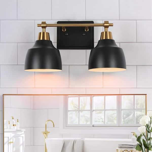 LNC Modern 2-Light Black Vanity Light with Brass Plated Metal Arm White Inner Bell Shades for Bathroom Round/Arched Mirror