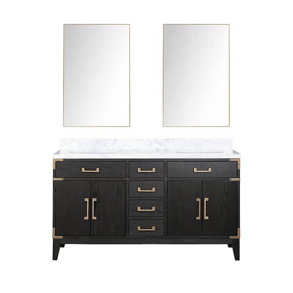 Fossa 60 in W x 22 in D Black Oak Double Bath Vanity, Carrara Marble Top, and 28 in Mirrors