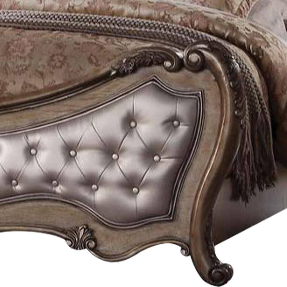 King Size Vintage Oak Upholstered Bed with Tufted Headboard